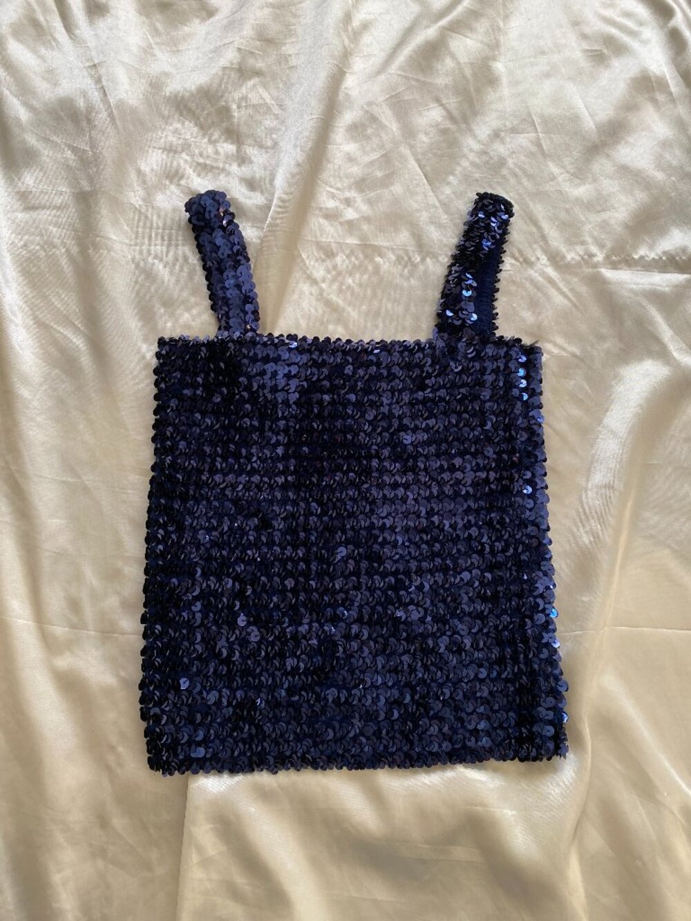 Vintage 1970s Navy Blue Sequin Tank Top Disco Party Going Out XS